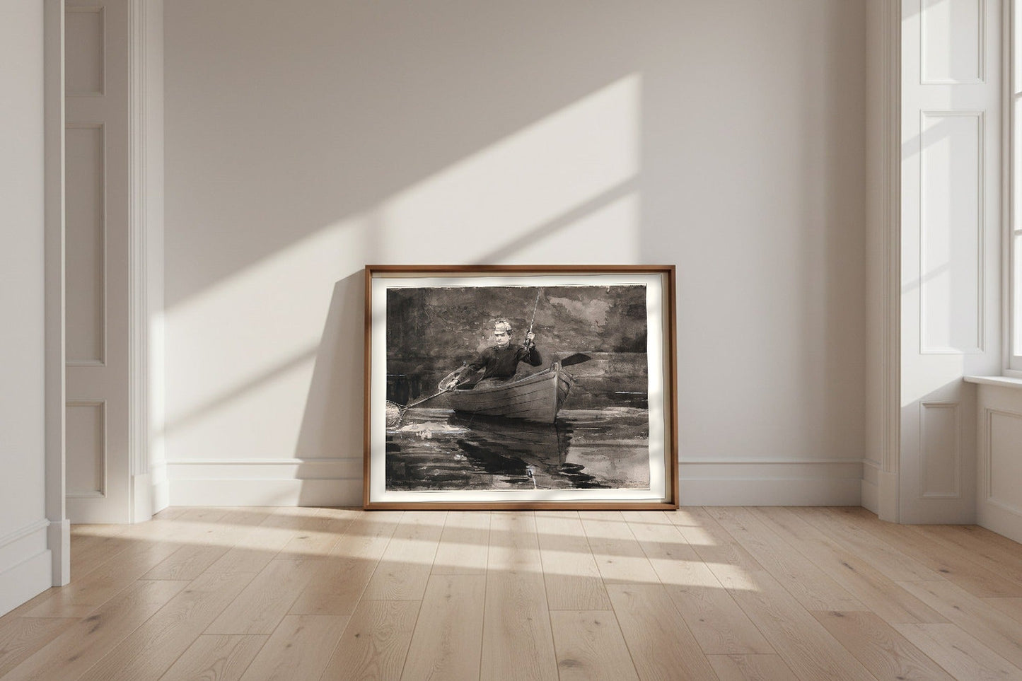 Netting the Fish — Winslow Homer Fine Art Poster shown framed and leaning against a wall in a sunlit room
