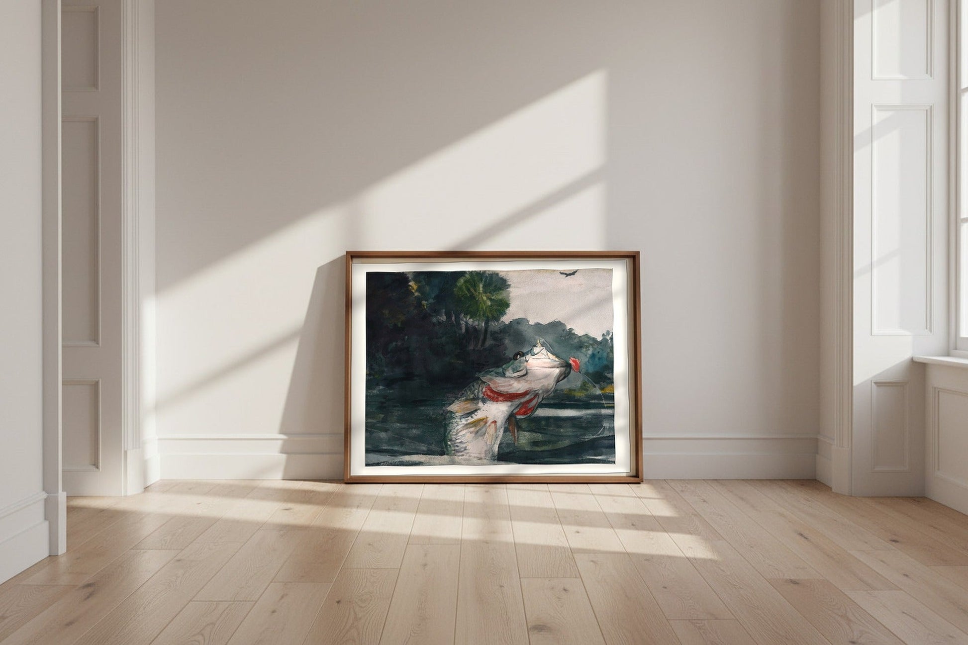 Life-Size Black Bass — Winslow Homer Fine Art Poster shown framed and leaning against a wall in a sunlit room