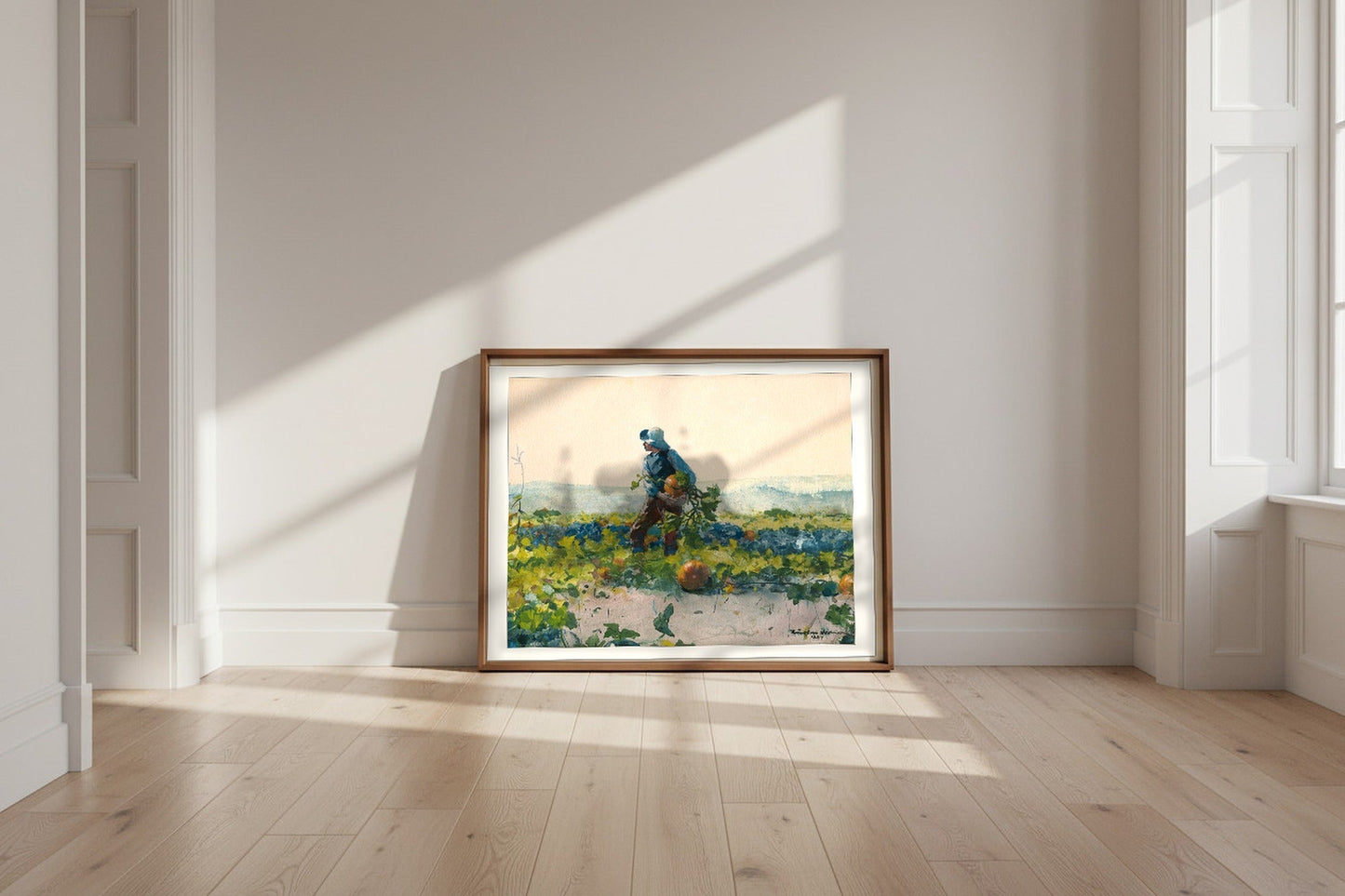 For to Be a Farmer's Boy — Winslow Homer Fine Art Poster shown framed and leaning against a wall in a sunlit room