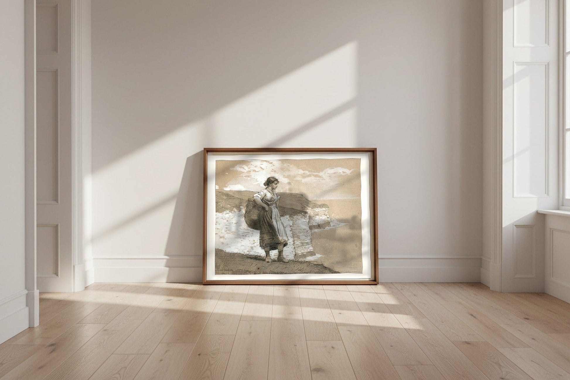 Flamborough Head, England — Winslow Homer Fine Art Poster shown framed and leaning against a wall in a sunlit room