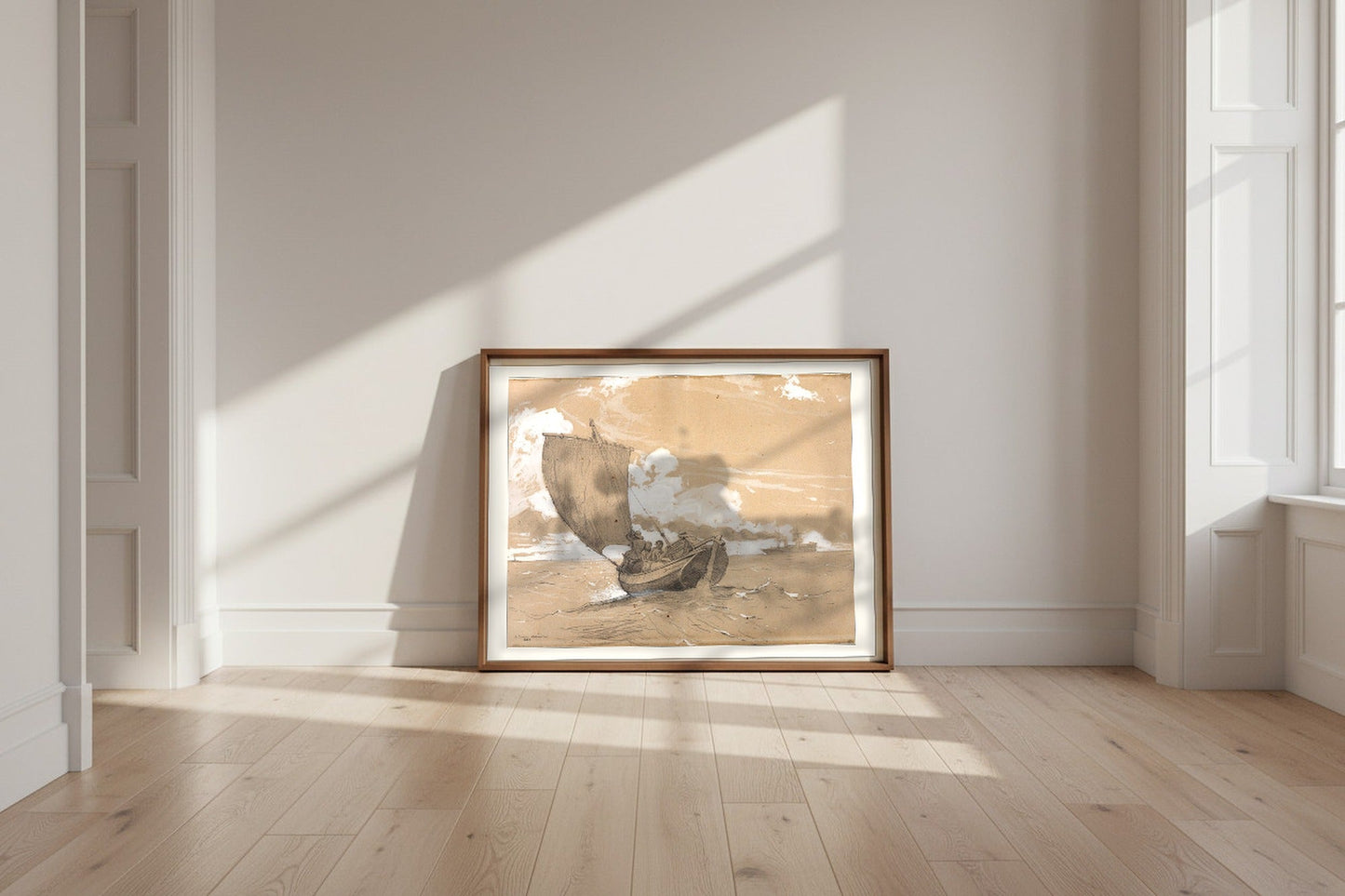 Fishing off Scarborough — Winslow Homer Fine Art Poster shown framed and leaning against a wall in a sunlit room