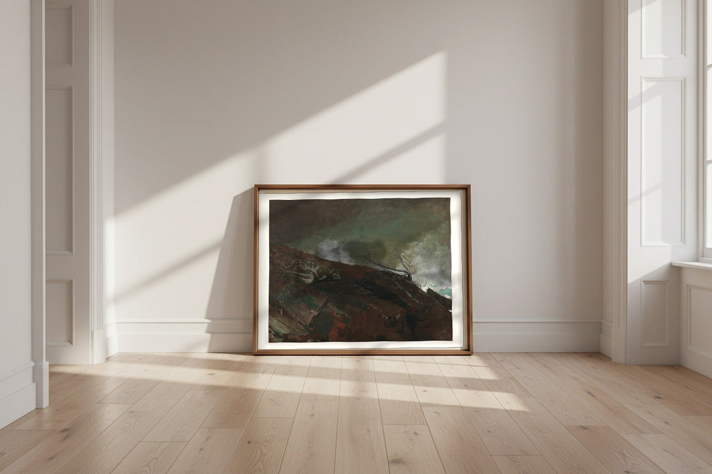 Coast of Maine — Winslow Homer Fine Art Poster shown framed and leaning against a wall in a sunlit room
