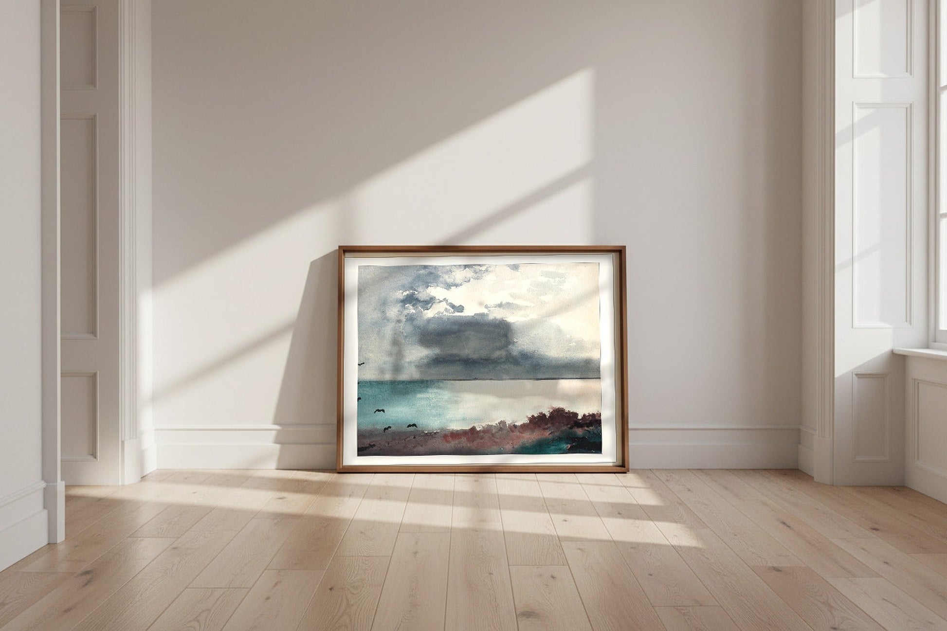 Breaking Storm, Coast of Maine — Winslow Homer Fine Art Poster shown framed and leaning against a wall in a sunlit room