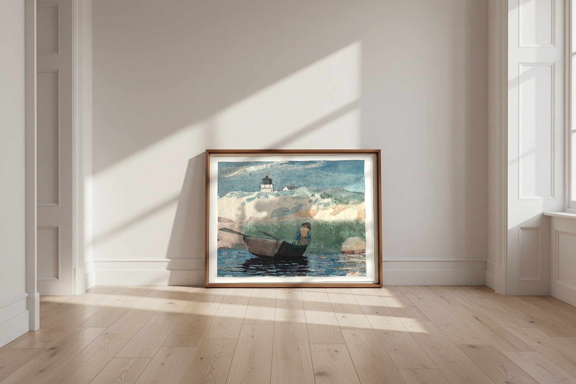 Boy in Boat, Gloucester — Winslow Homer Fine Art Poster shown framed and leaning against a wall in a sunlit room