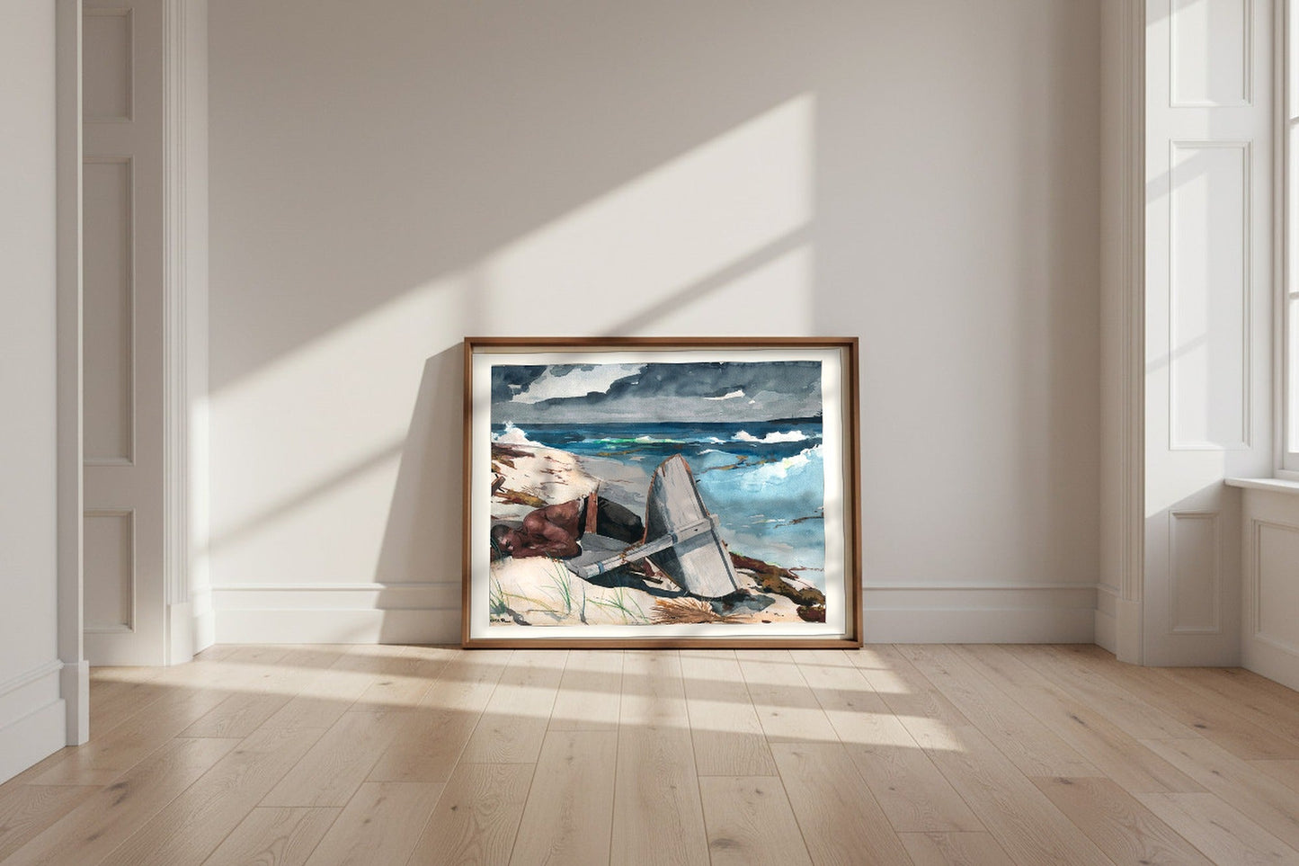 After the Hurricane, Bahamas — Winslow Homer Fine Art Poster shown framed and leaning against a wall in a sunlit room