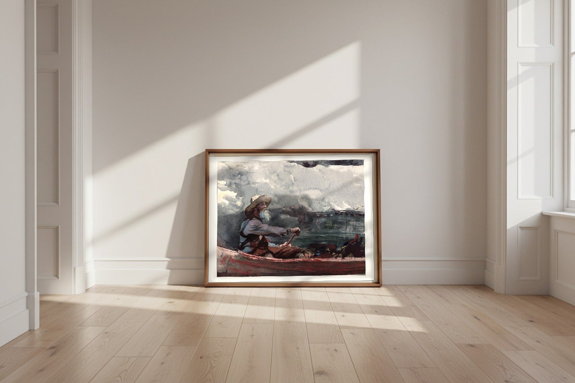 Adirondacks Guide — Winslow Homer Fine Art Poster shown framed and leaning against a wall in a sunlit room