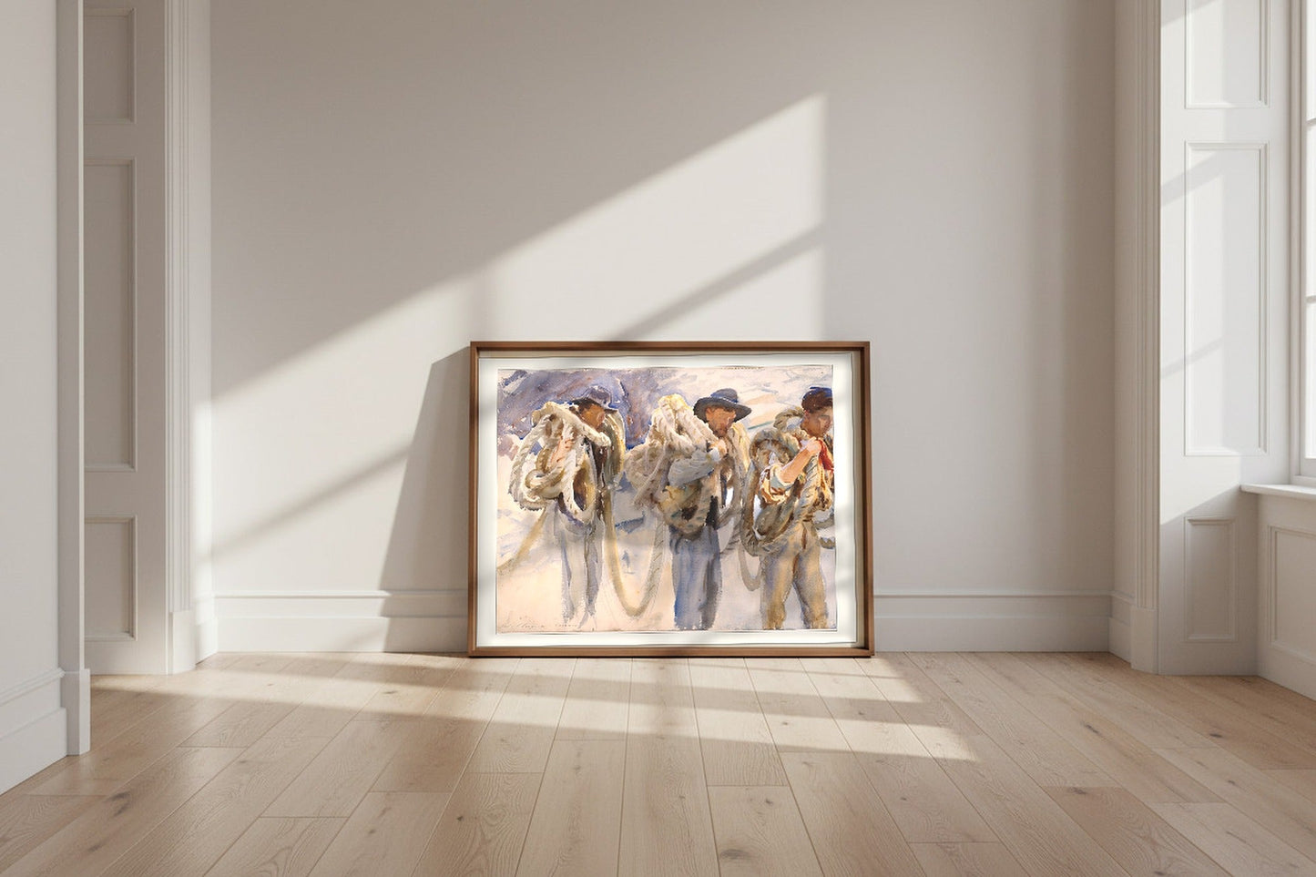 Workmen at Carrara — John Singer Sargent Fine Art Poster shown framed and leaning against a wall in a sunlit room