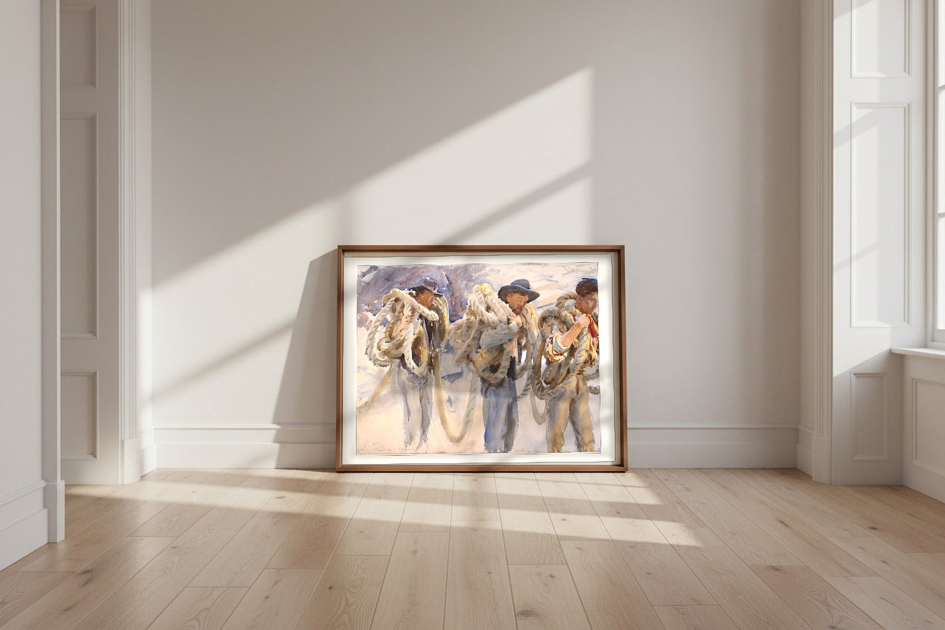 Workmen at Carrara — John Singer Sargent Fine Art Poster shown framed and leaning against a wall in a sunlit room