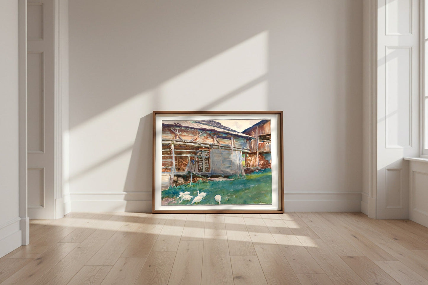 Woodsheds, Tyrol — John Singer Sargent Fine Art Poster shown framed and leaning against a wall in a sunlit room