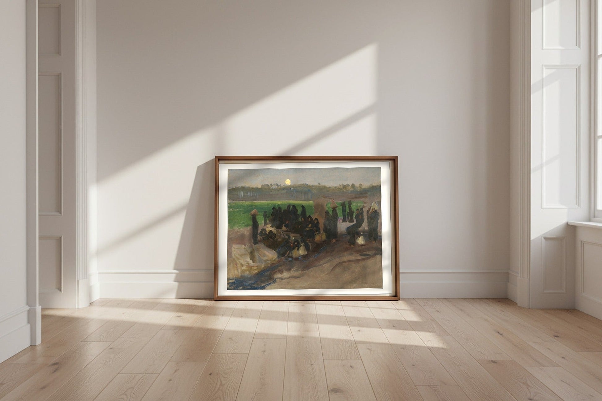 Water Carriers on the Nile — John Singer Sargent Fine Art Poster shown framed and leaning against a wall in a sunlit room