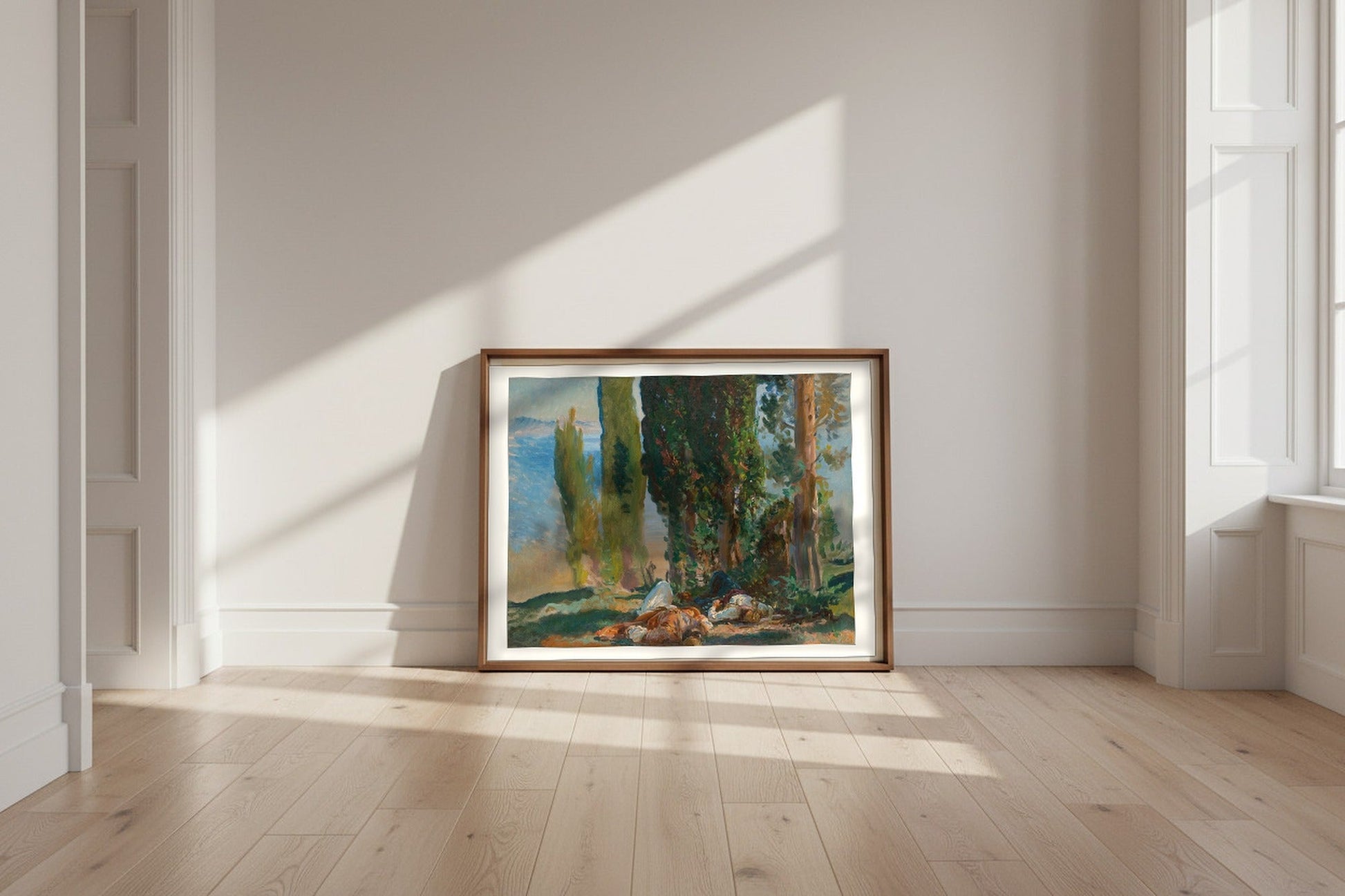 Under the Cypress Trees at Corfu — John Singer Sargent Fine Art Poster shown framed and leaning against a wall in a sunlit room