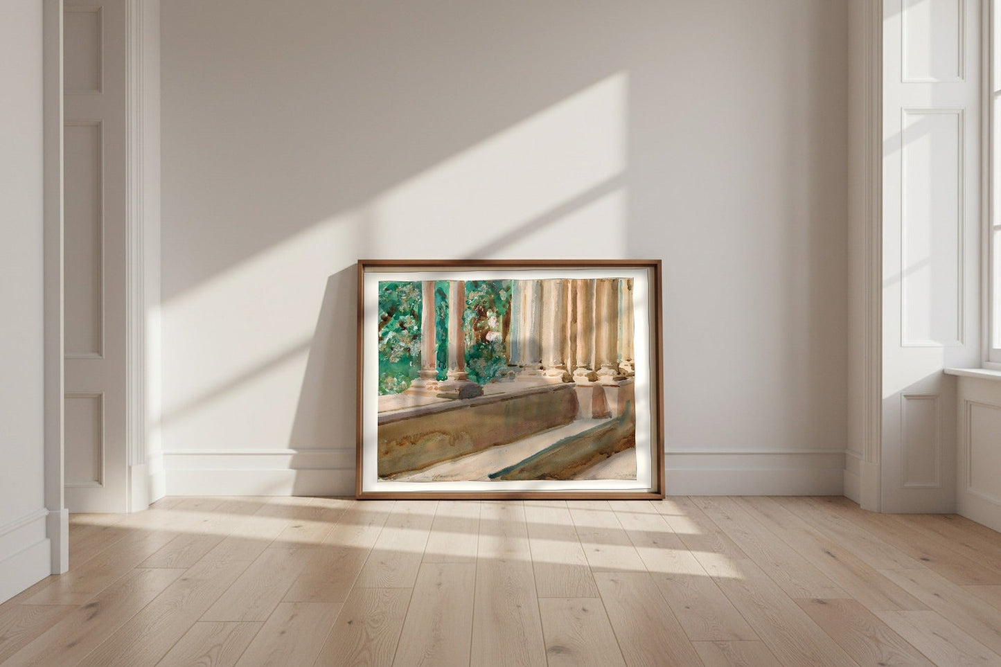 Tarragona Terrace and Garden — John Singer Sargent Fine Art Poster shown framed and leaning against a wall in a sunlit room