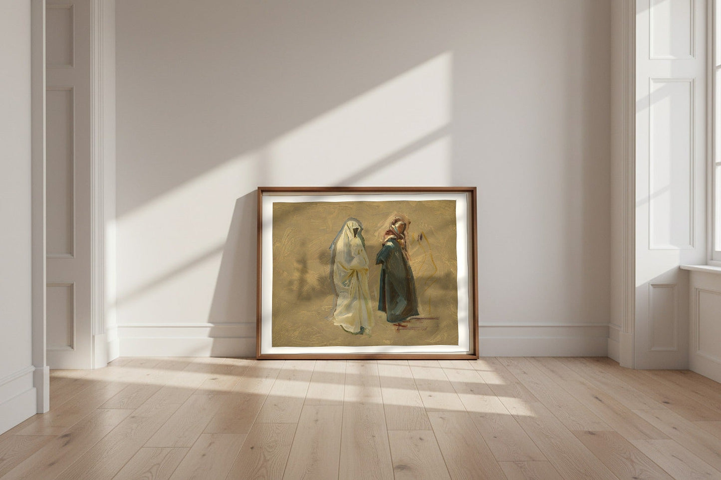 Study of Two Bedouins — John Singer Sargent Fine Art Poster shown framed and leaning against a wall in a sunlit room