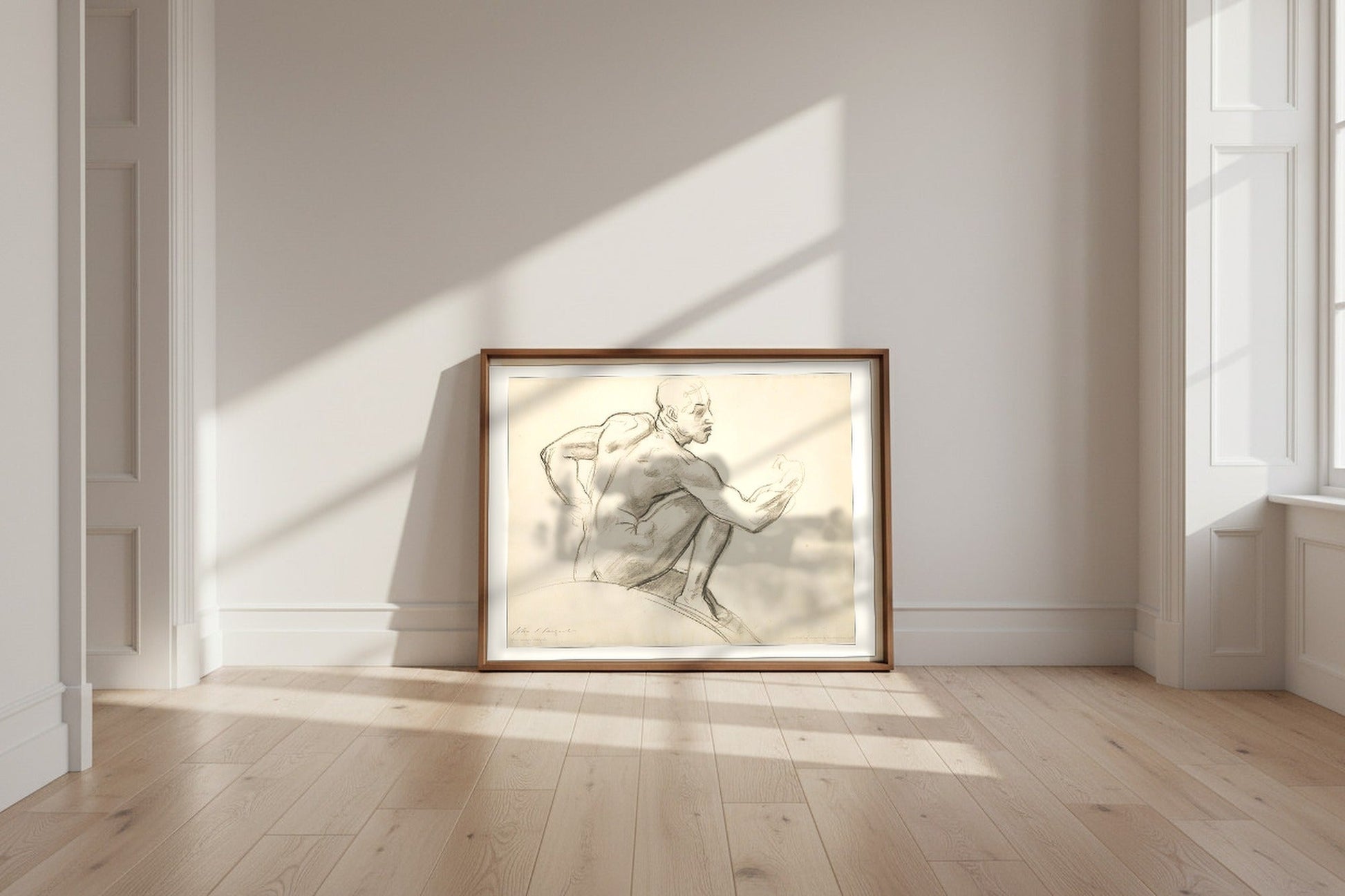 Seated Male Nude — John Singer Sargent Fine Art Poster shown framed and leaning against a wall in a sunlit room