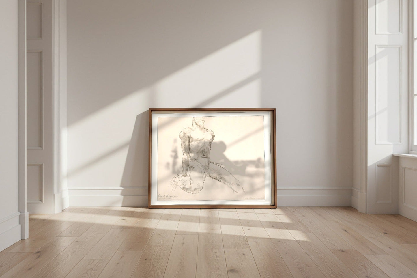 Seated Male Nude with Extended Leg — John Singer Sargent Fine Art Poster shown framed and leaning against a wall in a sunlit room