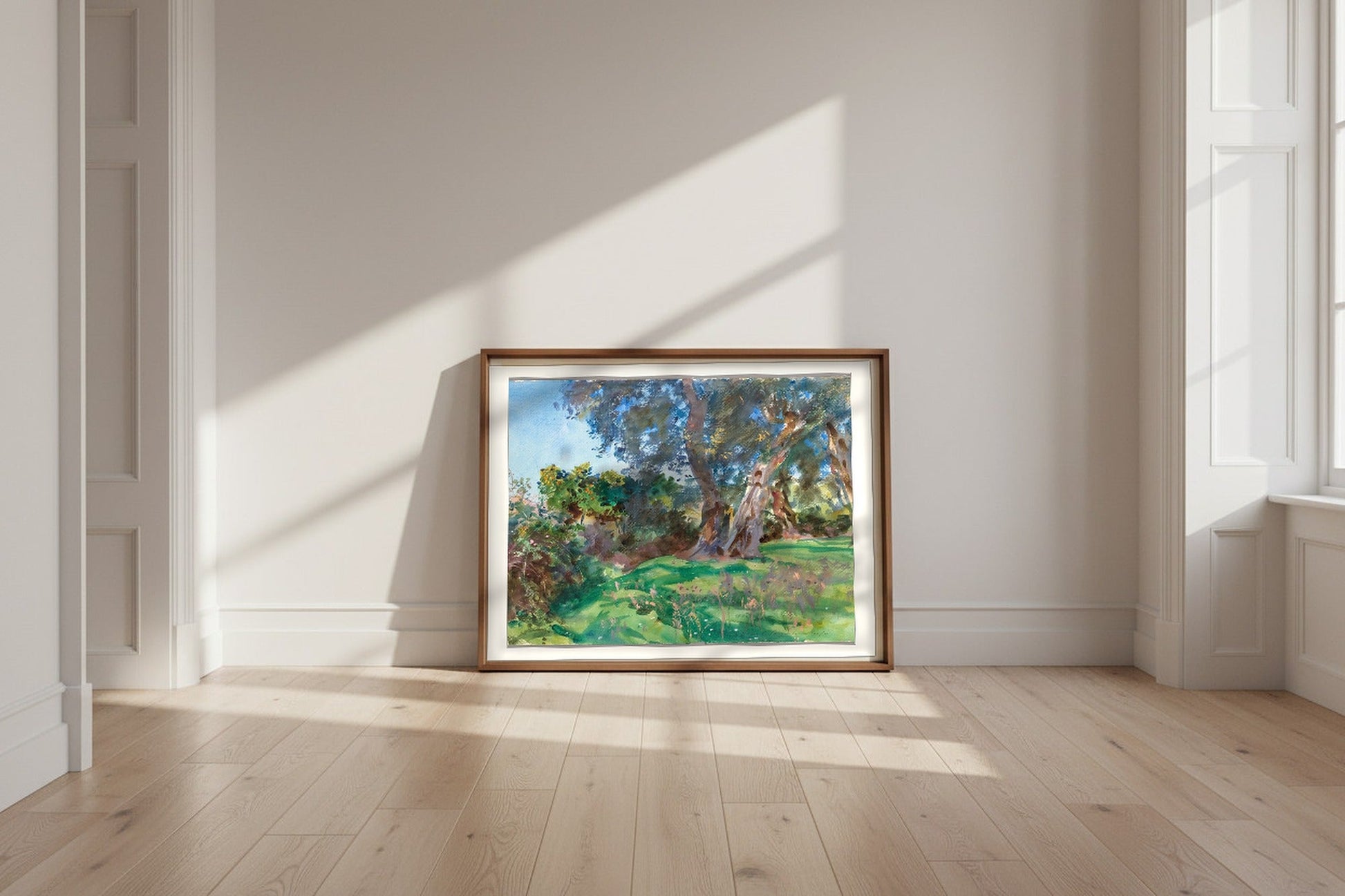 Olive Trees, Corfu — John Singer Sargent Fine Art Poster shown framed and leaning against a wall in a sunlit room