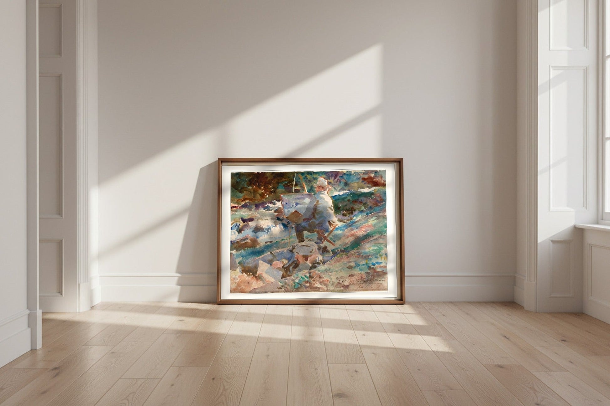 An Artist at His Easel — John Singer Sargent Fine Art Poster shown framed and leaning against a wall in a sunlit room
