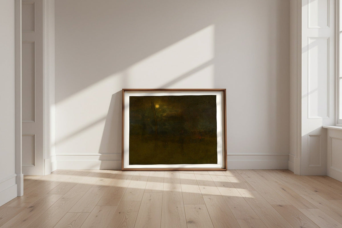 The Moon at Night — George Inness Fine Art Poster shown framed and leaning against a wall in a sunlit room