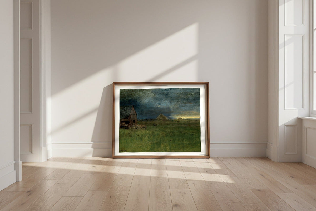 The Lonely Farm, Nantucket — George Inness Fine Art Poster shown framed and leaning against a wall in a sunlit room