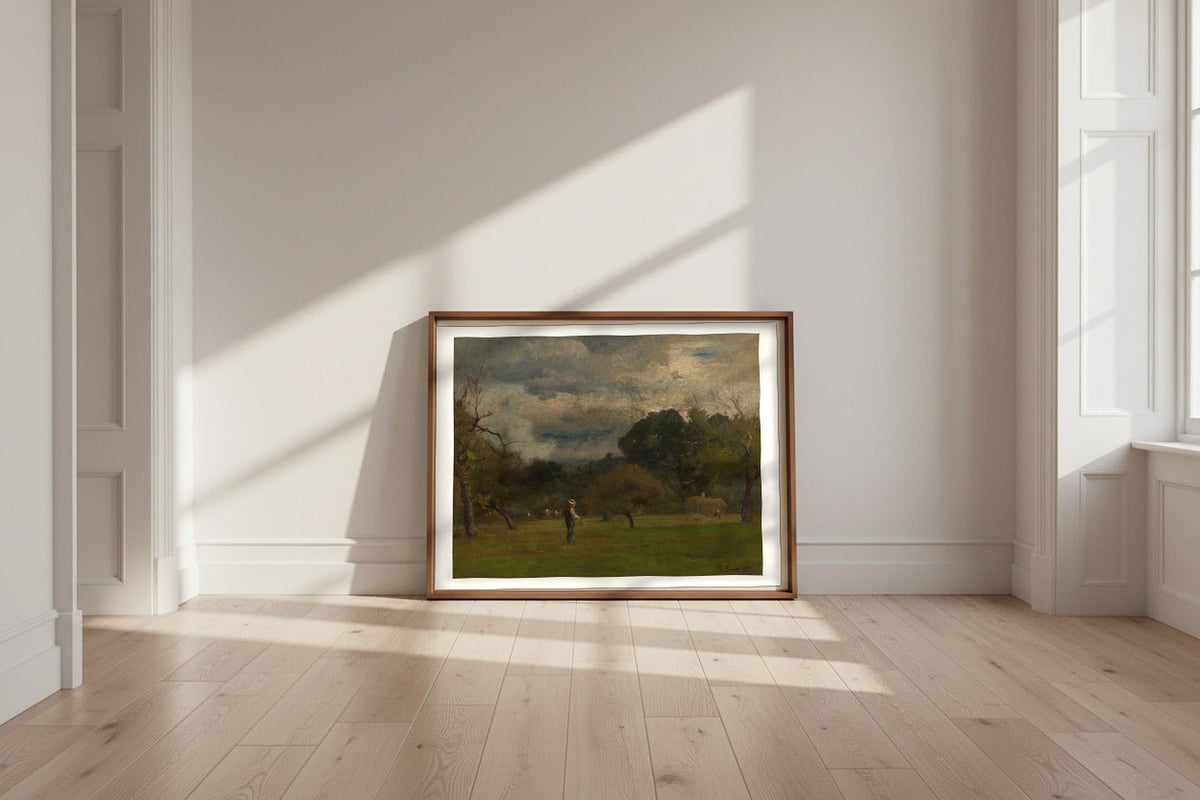 Harvest, Montclair, New Jersey — George Inness Fine Art Poster shown framed and leaning against a wall in a sunlit room