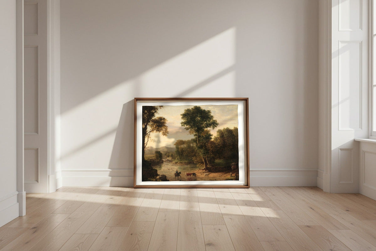 Crossing the Ford — George Inness Fine Art Poster shown framed and leaning against a wall in a sunlit room