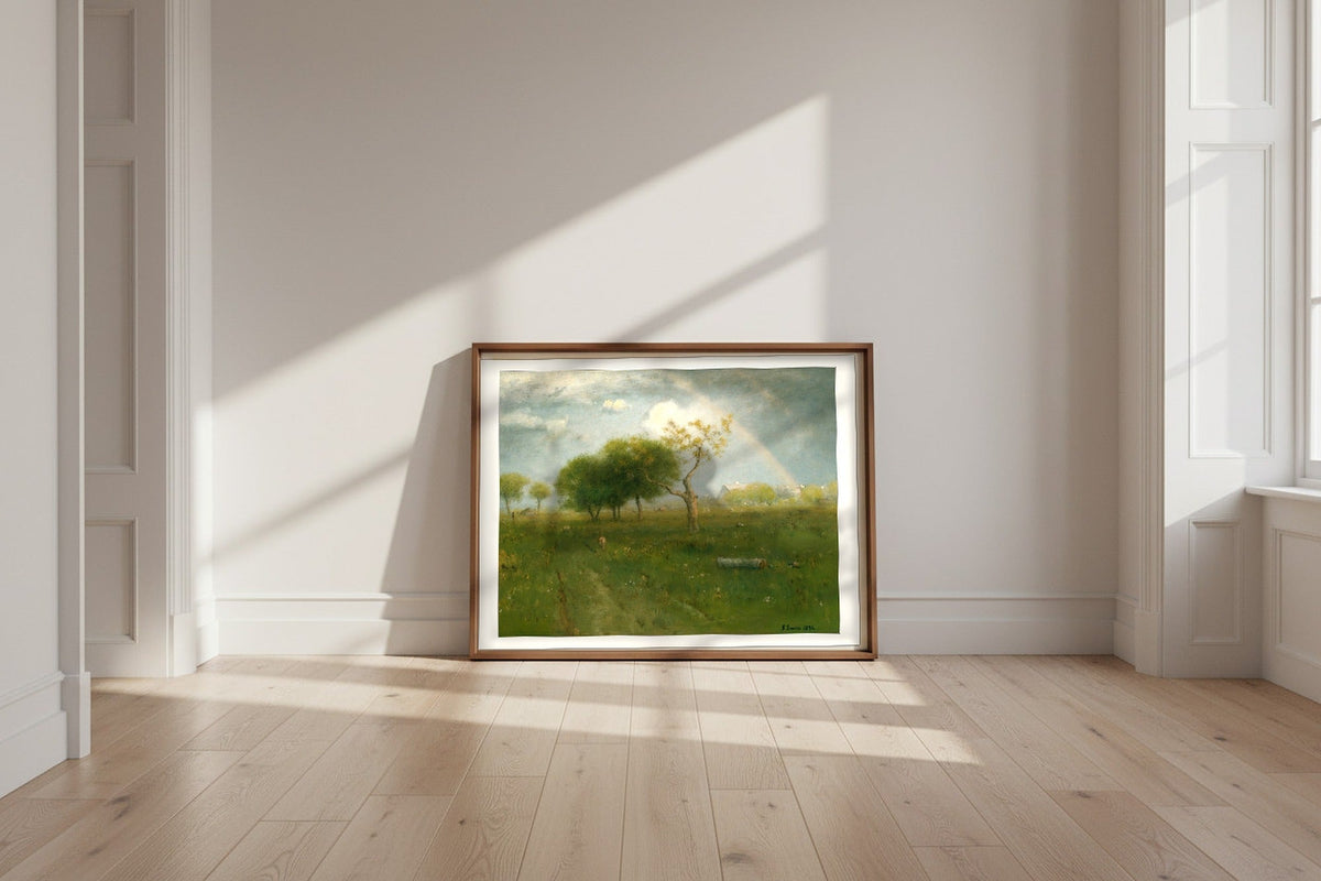 After a Summer Shower — George Inness Fine Art Poster shown framed and leaning against a wall in a sunlit room
