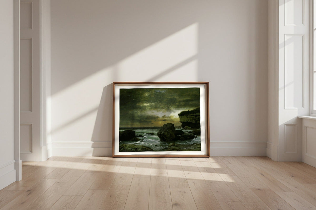 A Marine — George Inness Fine Art Poster shown framed and leaning against a wall in a sunlit room