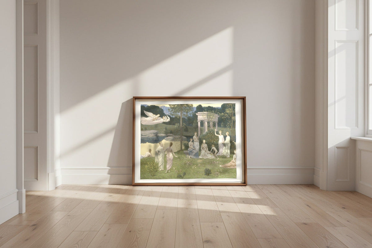 The Sacred Grove, Beloved of the Arts and the Muses — Pierre Puvis de Chavannes Fine Art Poster shown framed and leaning against a wall in a sunlit room