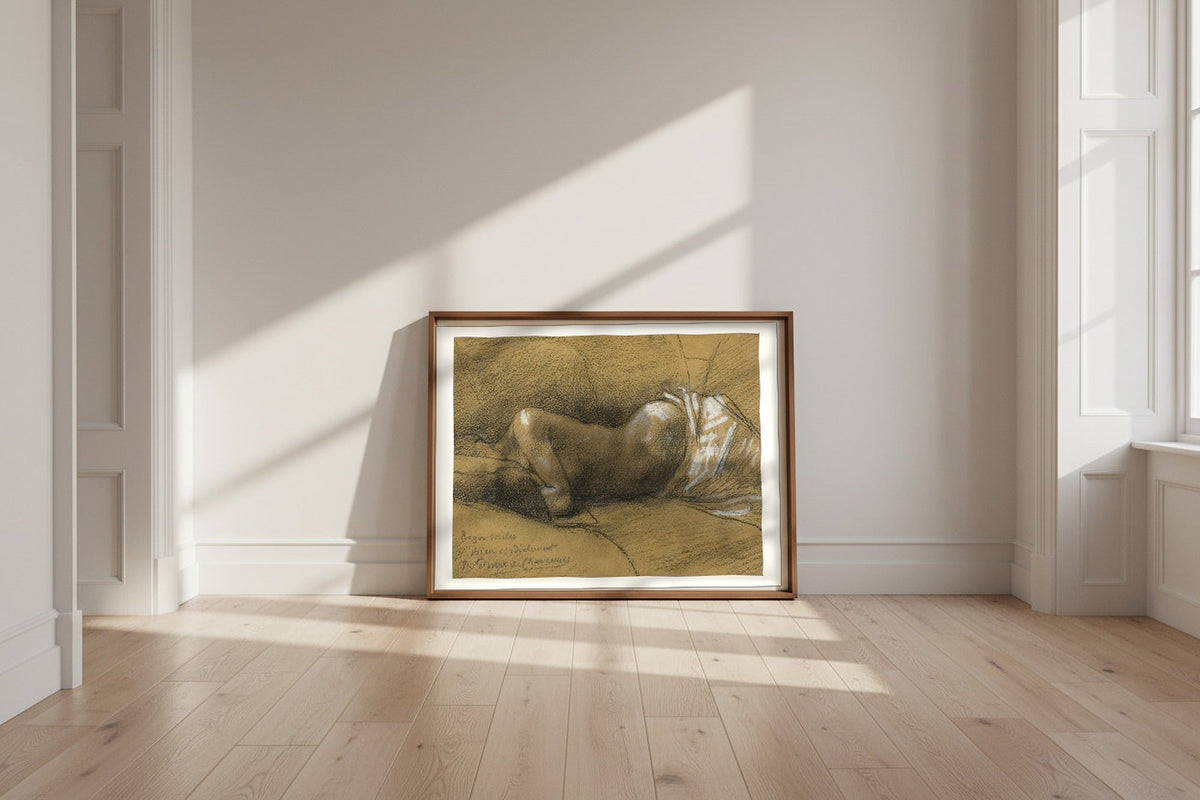 Study of a Sleeping Woman — Pierre Puvis de Chavannes Fine Art Poster shown framed and leaning against a wall in a sunlit room