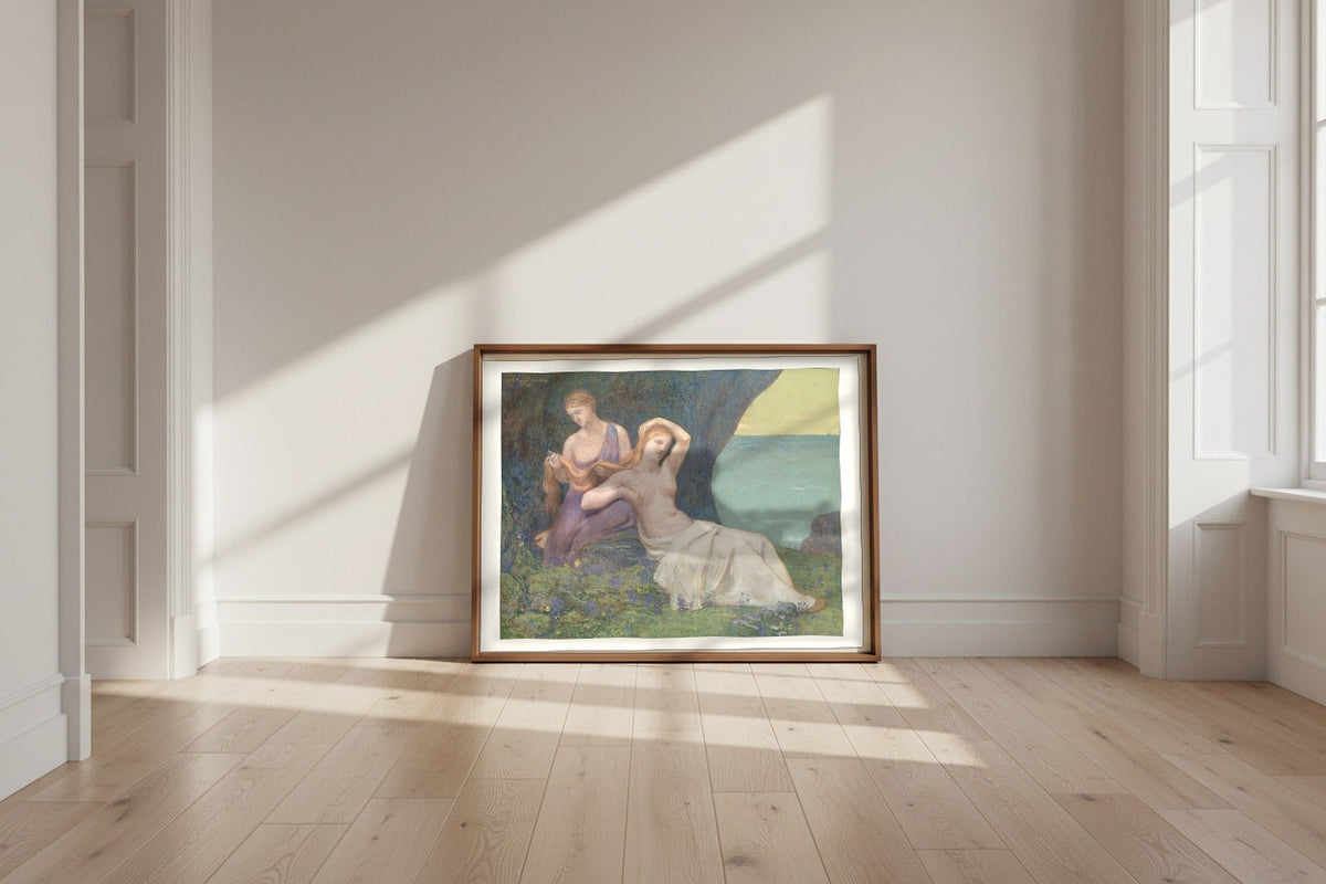 In the Heather — Pierre Puvis de Chavannes Fine Art Poster shown framed and leaning against a wall in a sunlit room