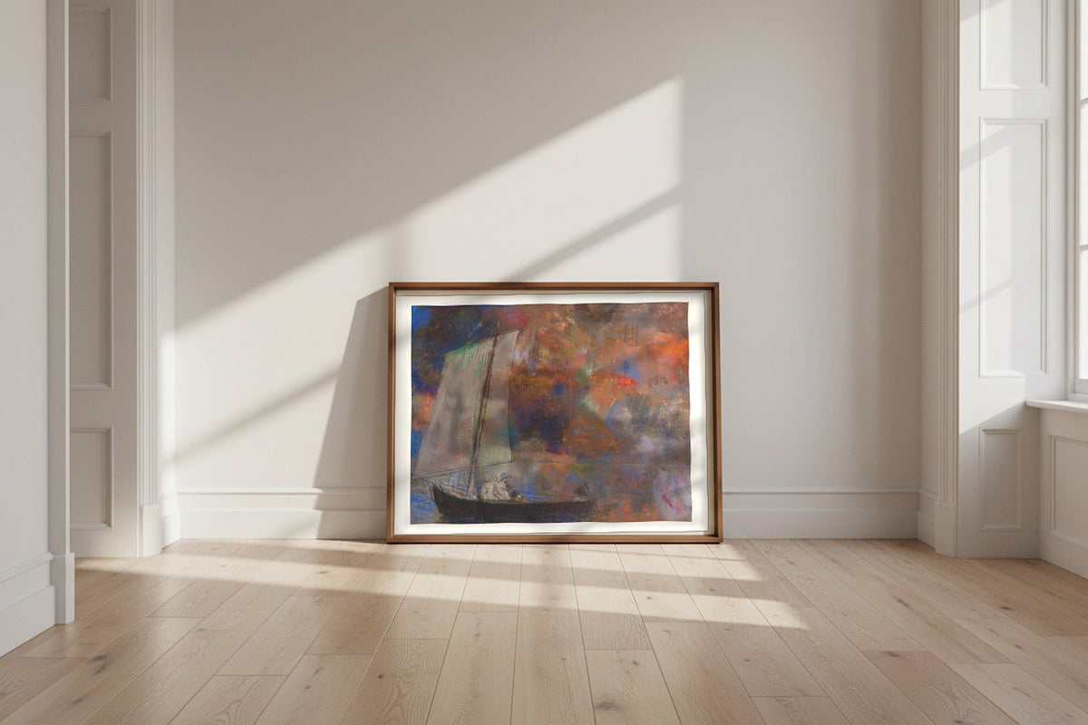Flower Clouds — Odilon Redon Fine Art Poster shown framed and leaning against a wall in a sunlit room