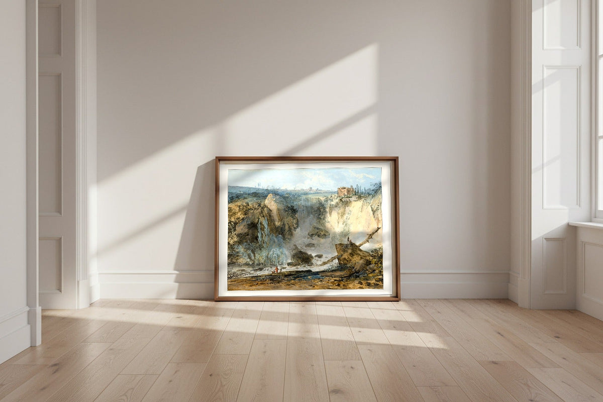 Waterfall — Louis Gabriel Moreau Fine Art Poster shown framed and leaning against a wall in a sunlit room