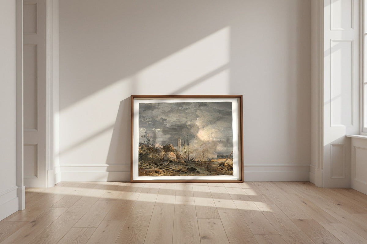 Fire in the Port — Louis Gabriel Moreau Fine Art Poster shown framed and leaning against a wall in a sunlit room