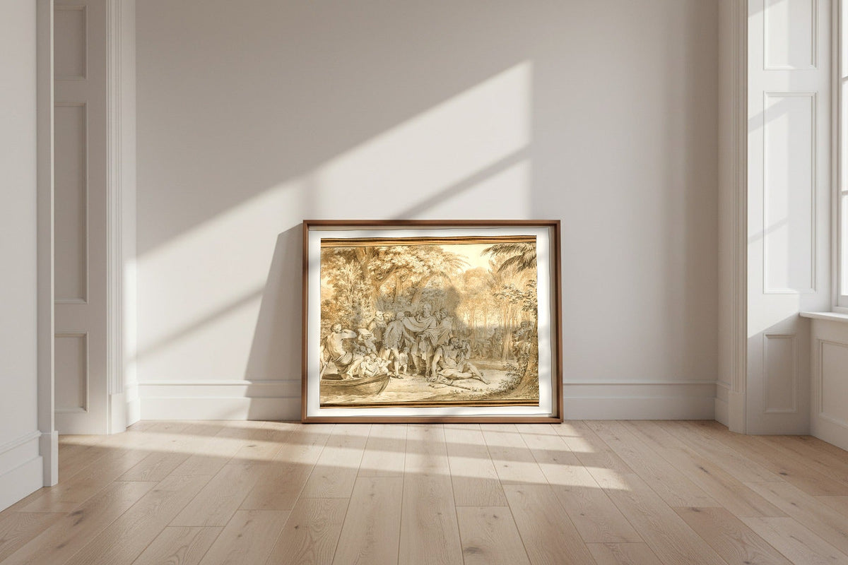 The Arrival of Jean-Jacques Rousseau to the Champs-Élysées — Jean-Michel Moreau Fine Art Poster shown framed and leaning against a wall in a sunlit room