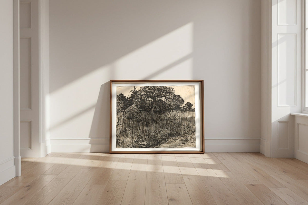 Weeping Tree — Vincent van Gogh Fine Art Poster shown framed and leaning against a wall in a sunlit room