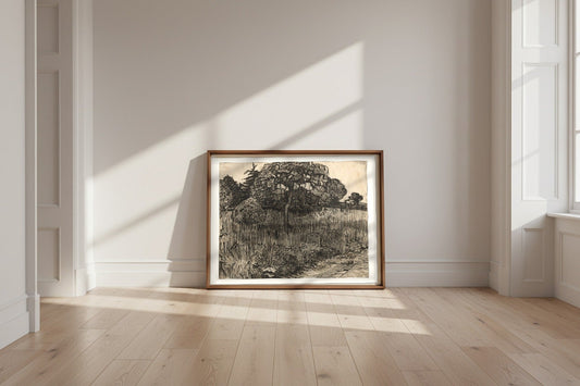 Weeping Tree — Vincent van Gogh Fine Art Poster shown framed and leaning against a wall in a sunlit room