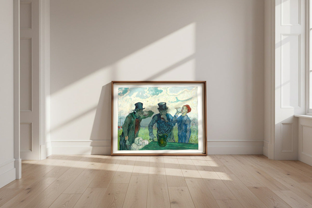 The Drinkers — Vincent van Gogh Fine Art Poster shown framed and leaning against a wall in a sunlit room