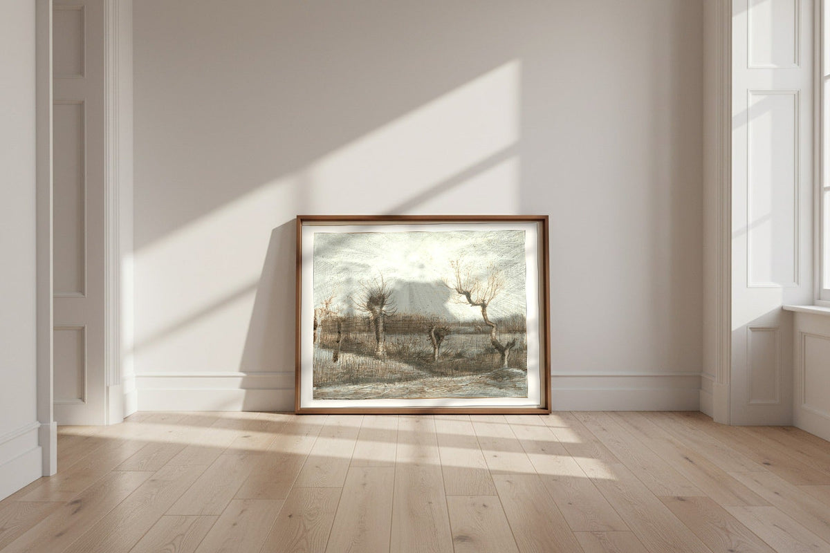 Pollards — Vincent van Gogh Fine Art Poster shown framed and leaning against a wall in a sunlit room