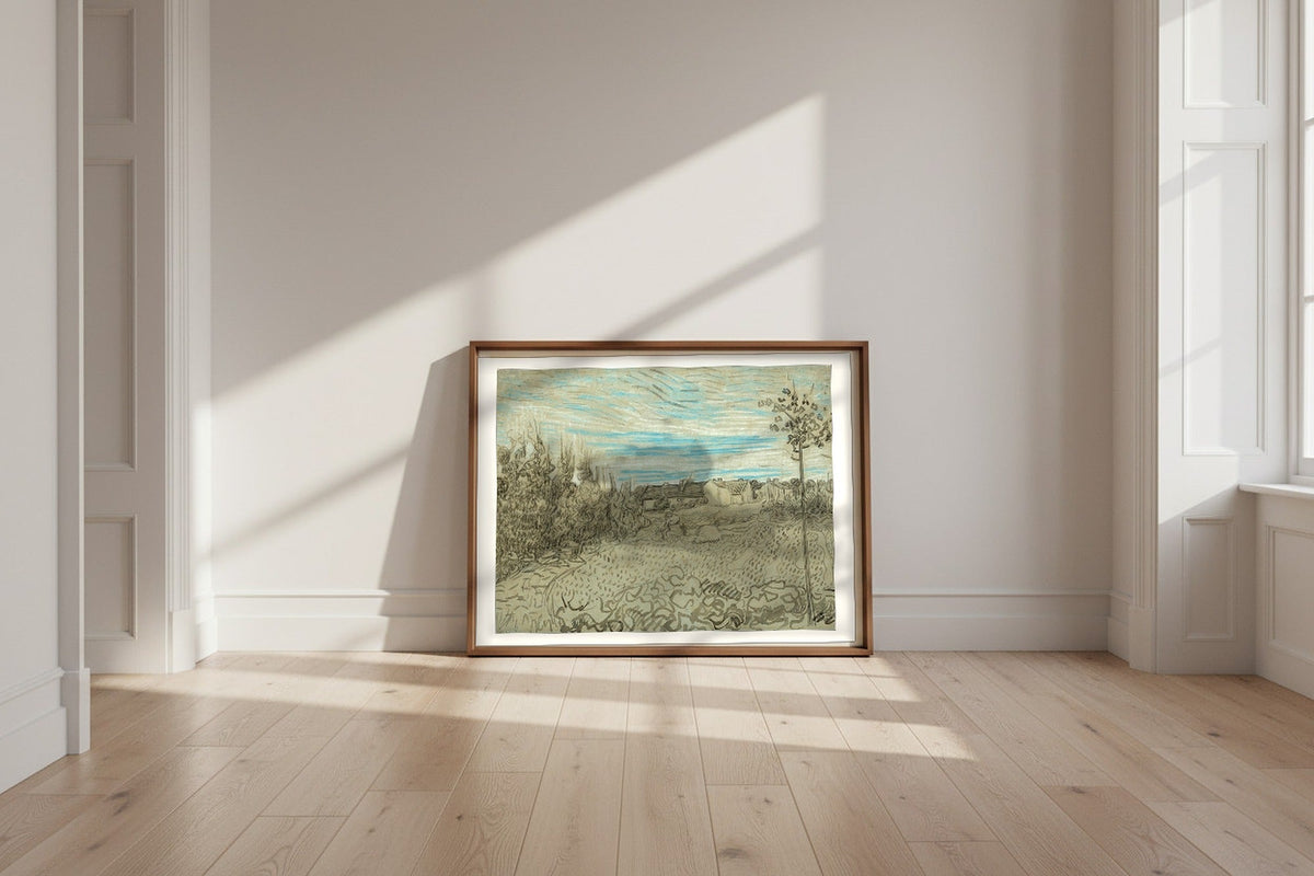 Cottages with a Woman Working in the Middle Ground — Vincent van Gogh Fine Art Poster shown framed and leaning against a wall in a sunlit room