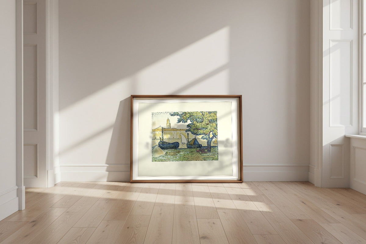 The Port of St. Tropez II — Paul Signac Fine Art Poster shown framed and leaning against a wall in a sunlit room
