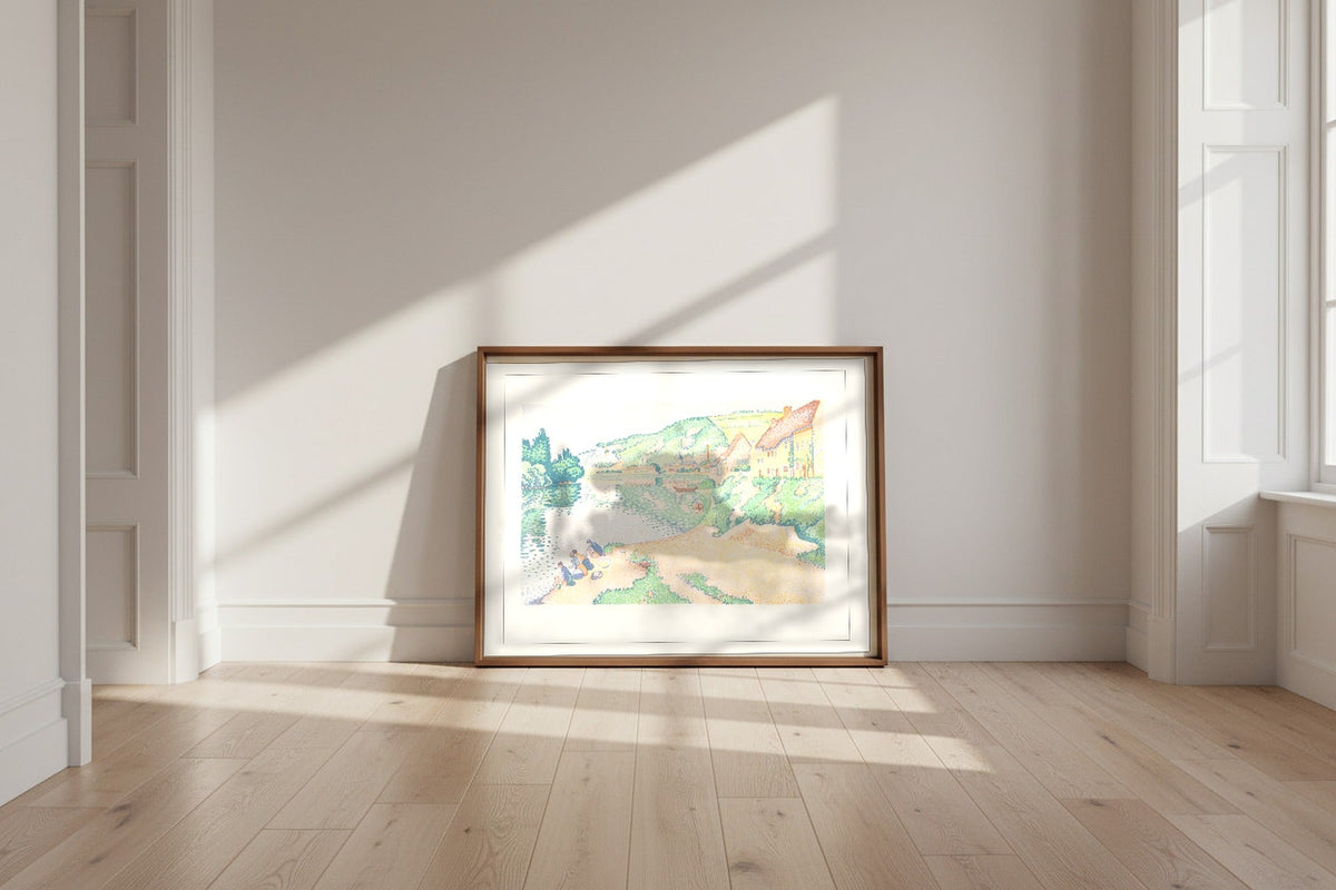 The Andelys — Paul Signac Fine Art Poster shown framed and leaning against a wall in a sunlit room