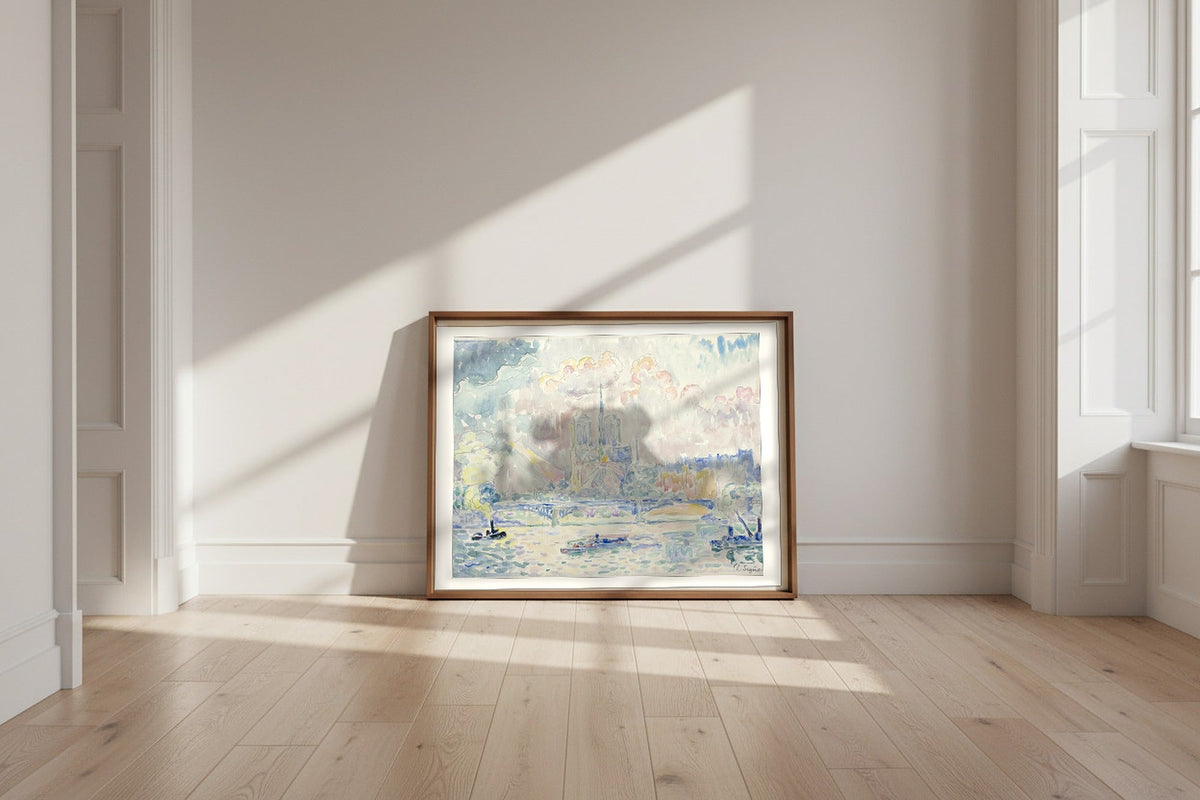 Notre Dame — Paul Signac Fine Art Poster shown framed and leaning against a wall in a sunlit room