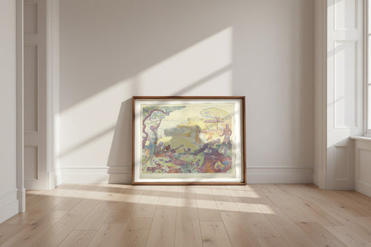 In Times of Harmony — Paul Signac Fine Art Poster shown framed and leaning against a wall in a sunlit room
