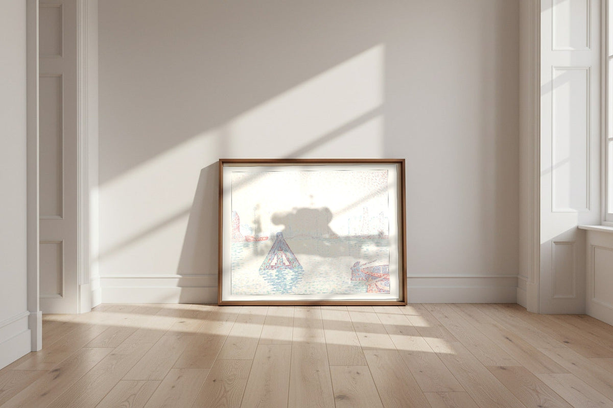In Holland: The Buoy — Paul Signac Fine Art Poster shown framed and leaning against a wall in a sunlit room