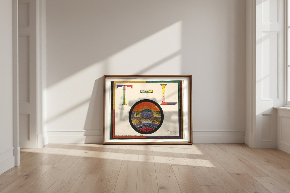 Chromatic Circle — Paul Signac Fine Art Poster shown framed and leaning against a wall in a sunlit room