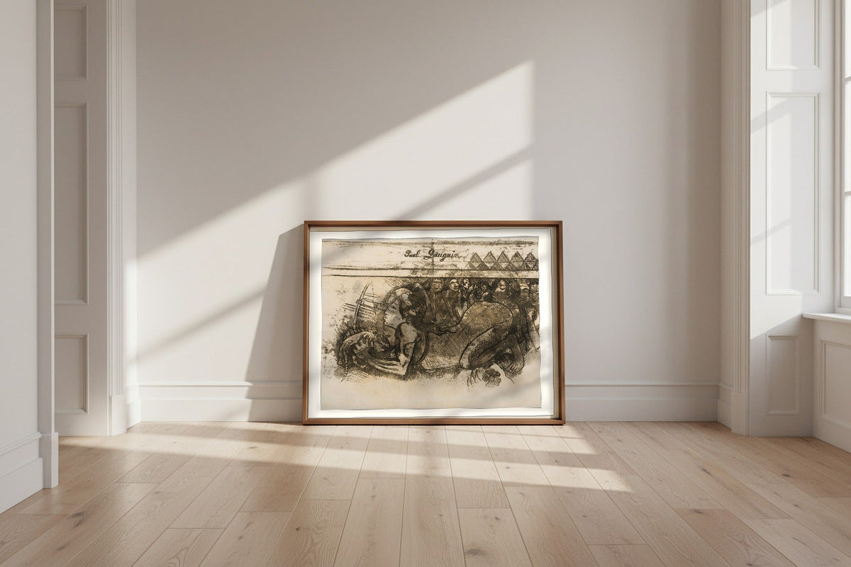 Woman with a Cat — Paul Gauguin Fine Art Poster shown framed and leaning against a wall in a sunlit room