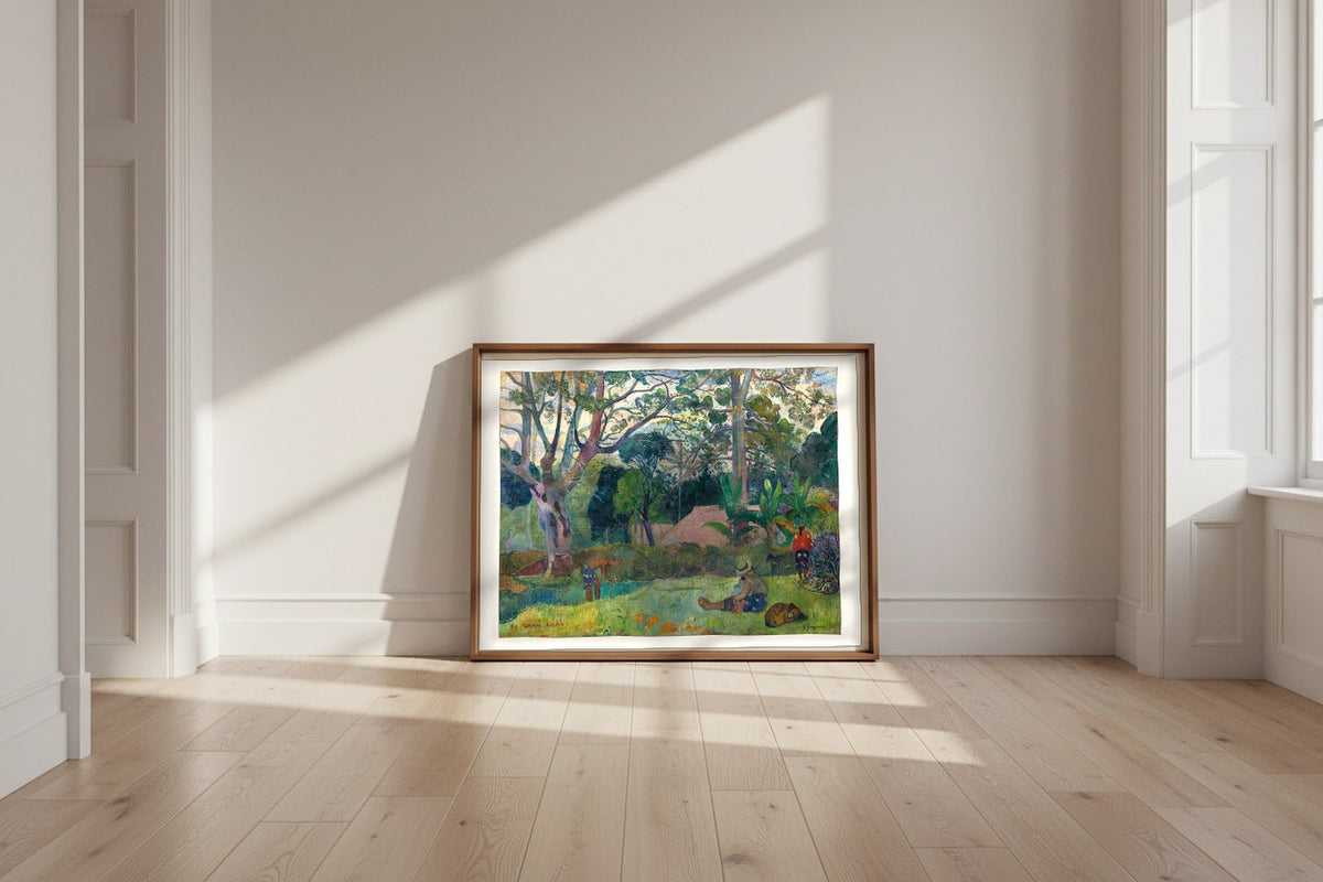 The Big Tree — Paul Gauguin Fine Art Poster shown framed and leaning against a wall in a sunlit room