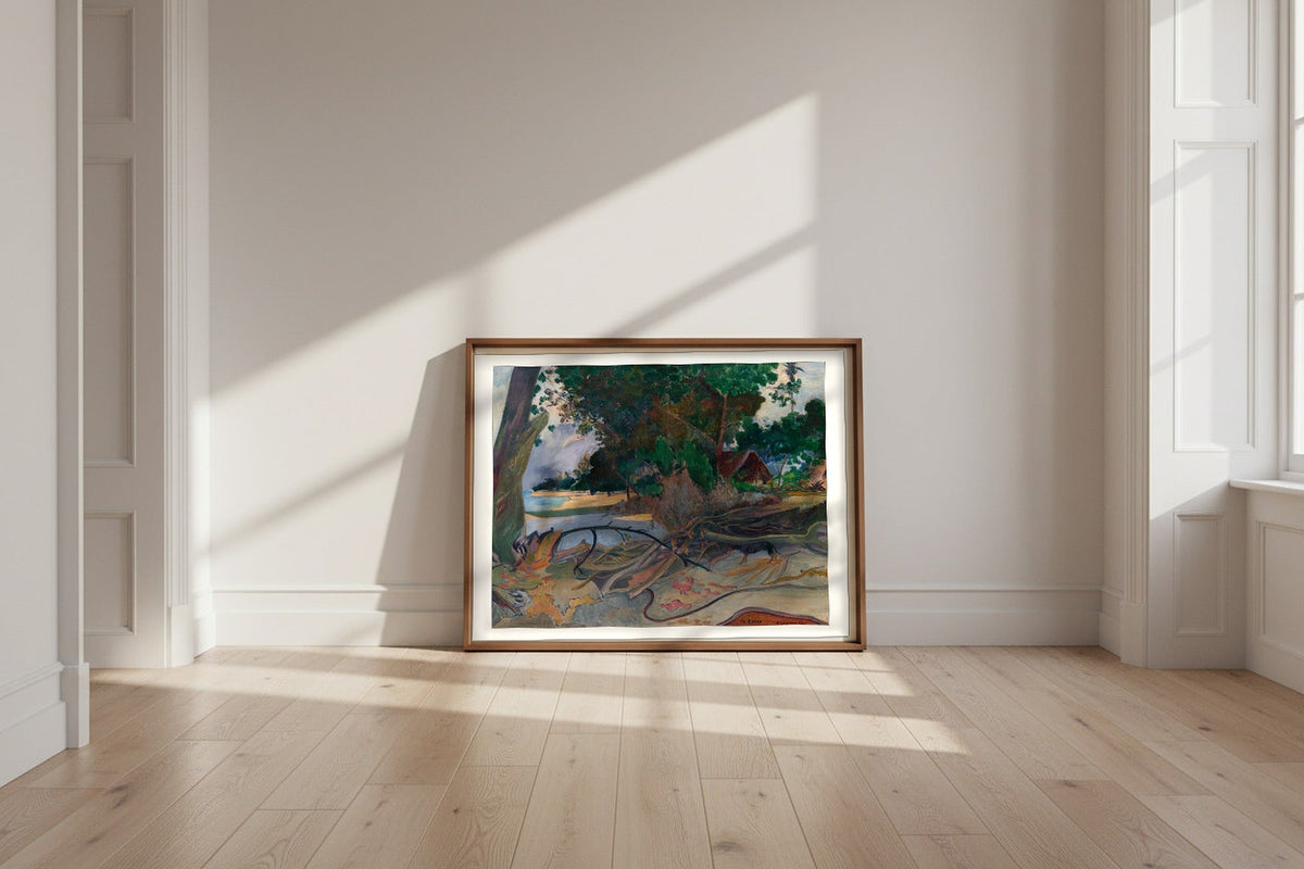 The Hibiscus Tree — Paul Gauguin Fine Art Poster shown framed and leaning against a wall in a sunlit room