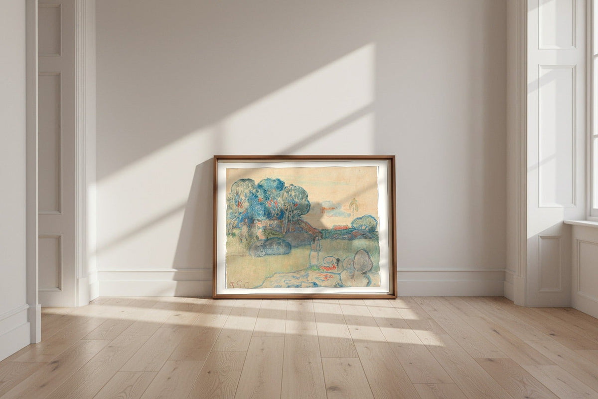 Tahitian Landscape — Paul Gauguin Fine Art Poster shown framed and leaning against a wall in a sunlit room