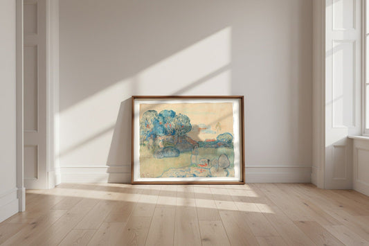 Tahitian Landscape — Paul Gauguin Fine Art Poster shown framed and leaning against a wall in a sunlit room